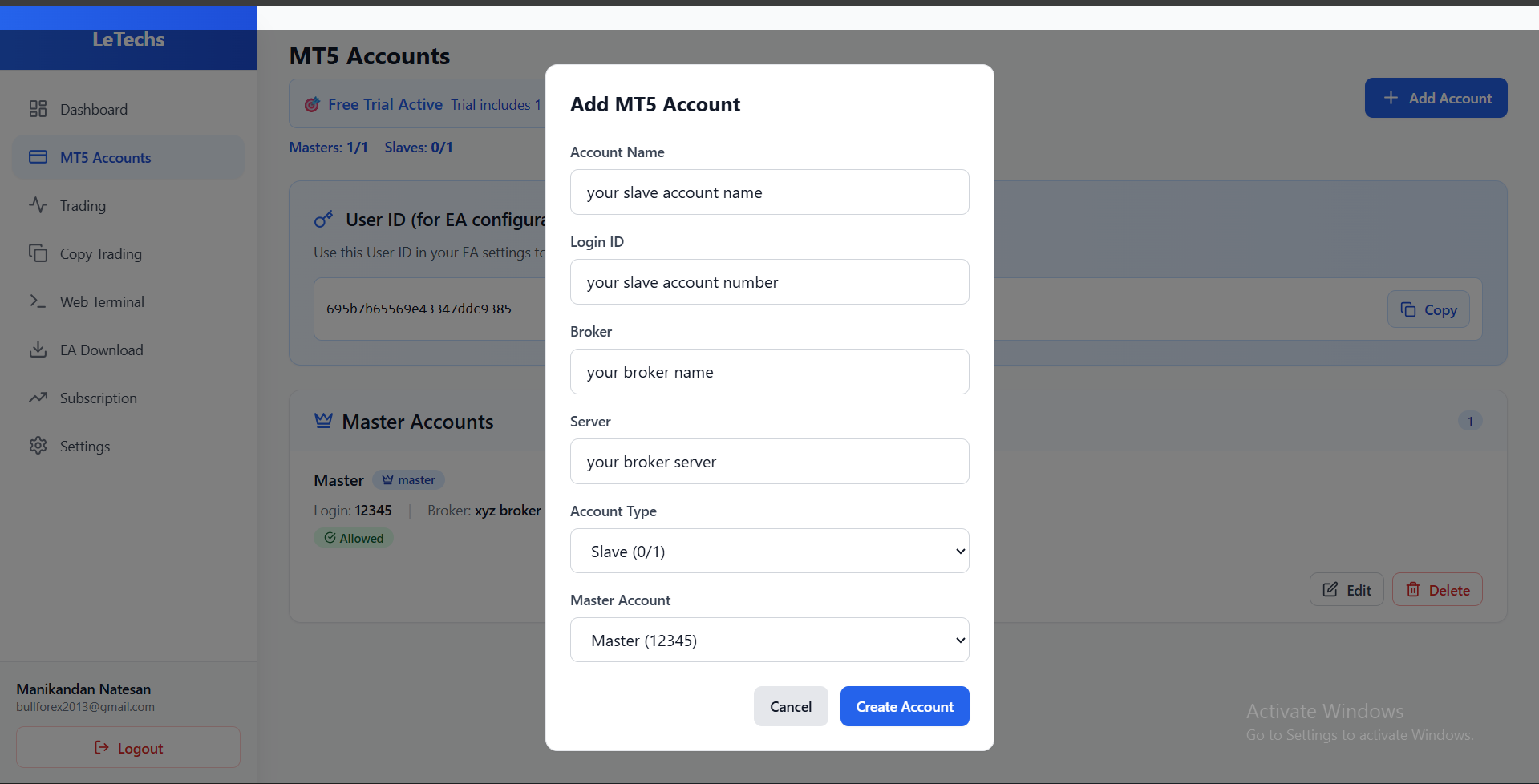Add MT5 slave account form