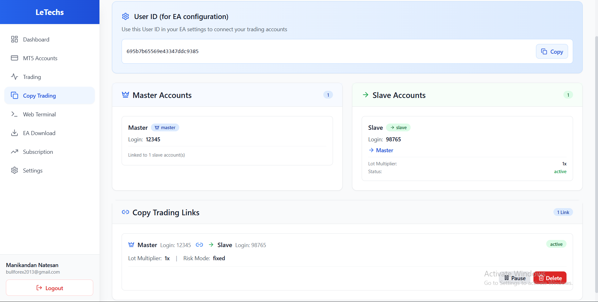 Copy trading links list with master and slave connection