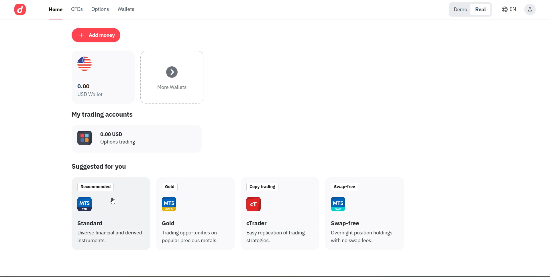 Deriv dashboard screen after login