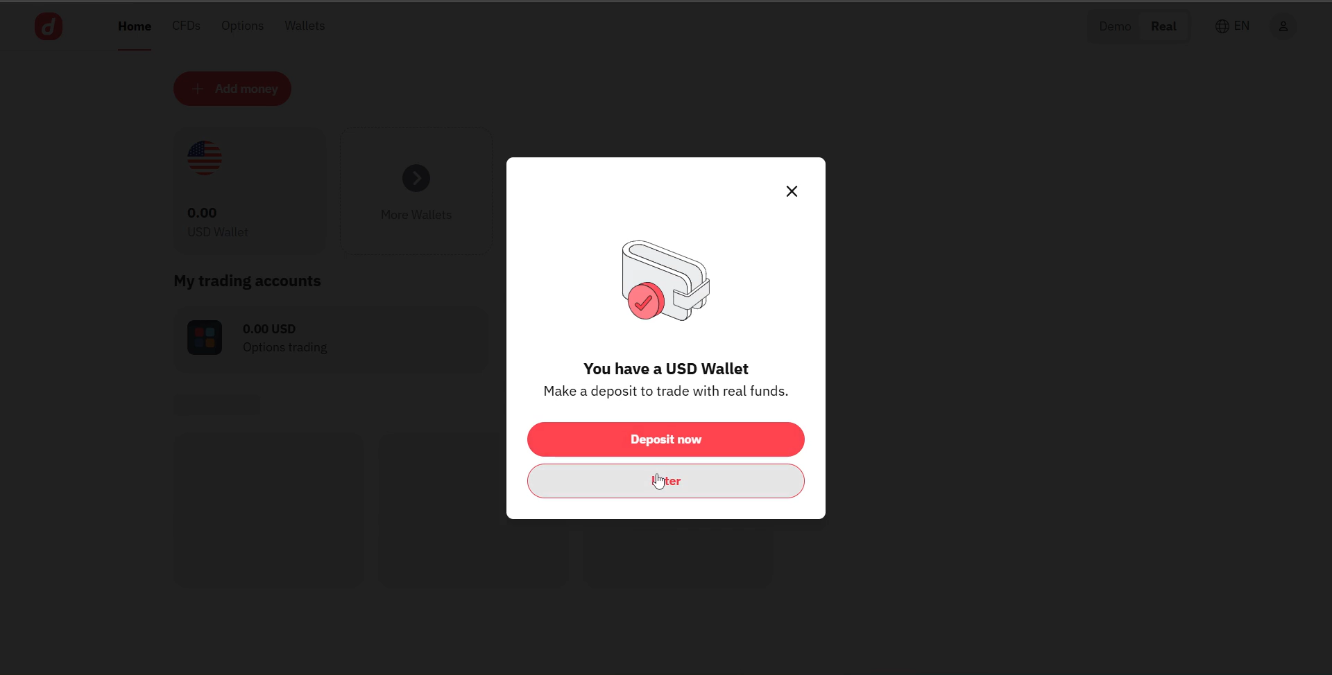 Deriv account dashboard showing demo wallet